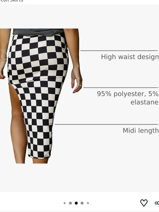 High-Waist Black & White Check Midi Skirt with Side Slit - Picture 4 of 7